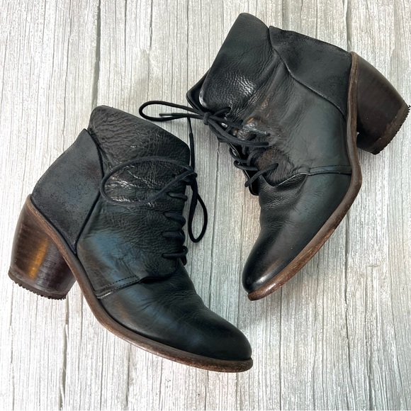 P. MONJO Black Leather Lace Up Ankle Stacked Heel Steampunk - Picture 3 of 7